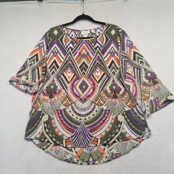 Chico's Tops - CHICOS 2 Large Geometric Print Roll Tab Sleeve Tunic Top Multicolor Lightweight